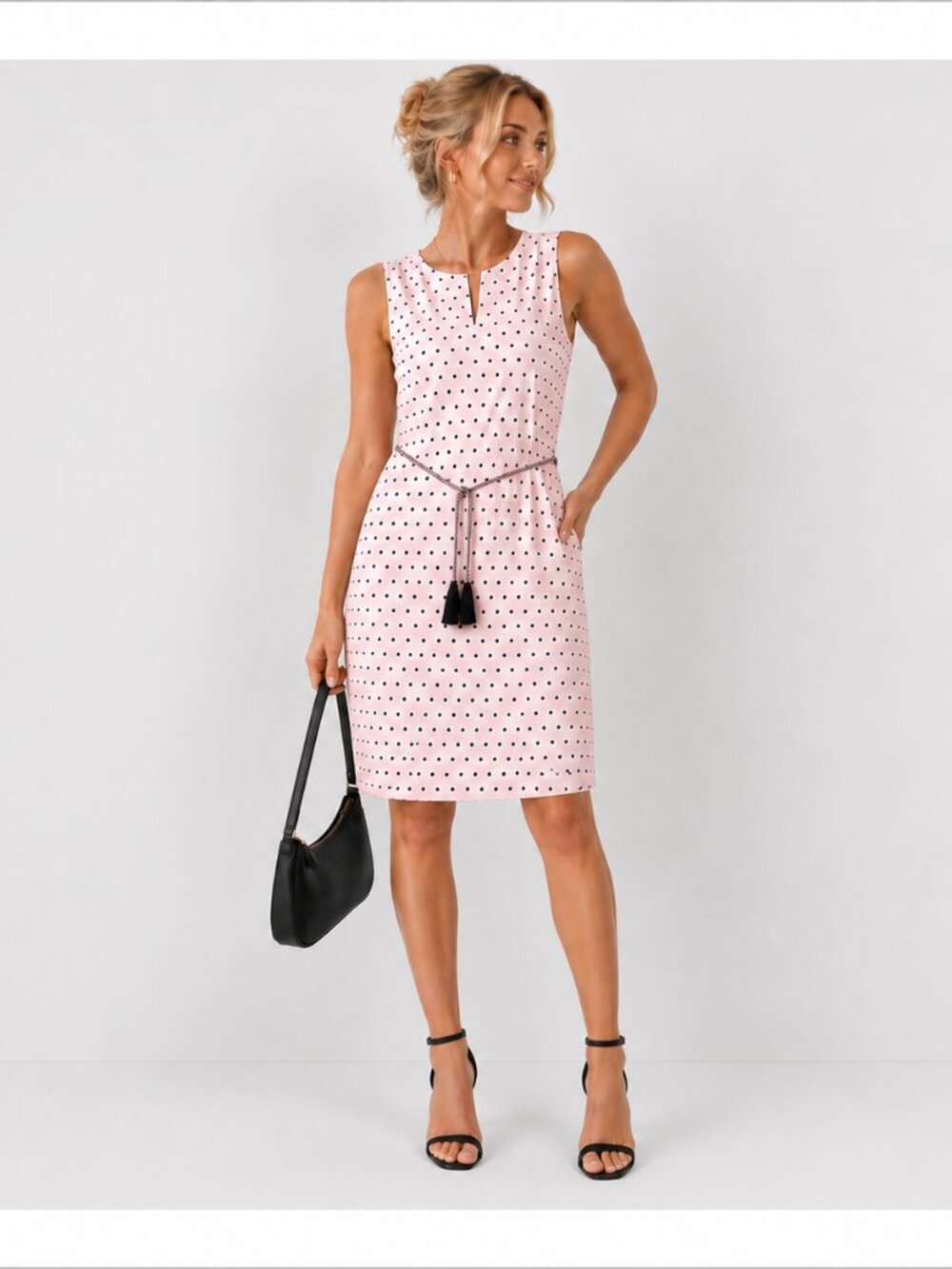 Karl Lagerfeld Women's Sz 6 Paris Pink Polka Dot Shift Dress Chain Belted Knee